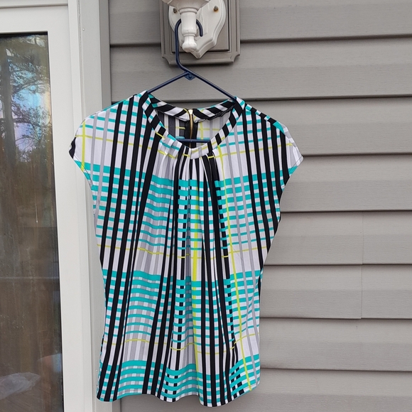 Worthington Blue White Multicolor Ruched Cap Sleeve Top - Picture 1 of 5